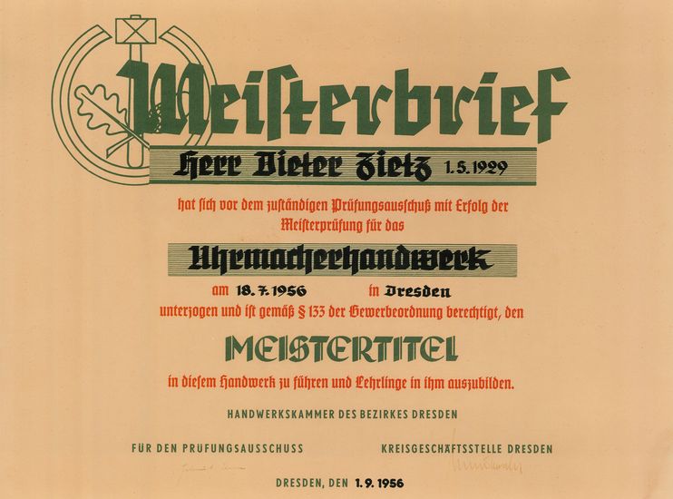 Meisterbrief Dieter Zietz 1956